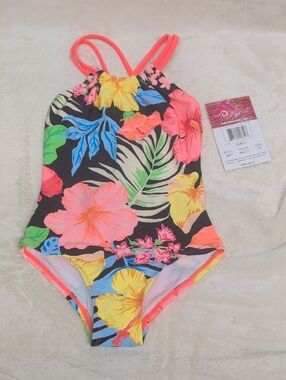 Kanu Surf Girls Neon Floral One-Piece Swimsuit for Kids - Multi